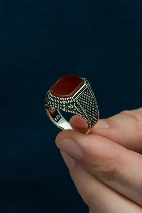 Akik Taşlı Hasır Model 925 Gümüş Erkek Yüzük - Resim 7