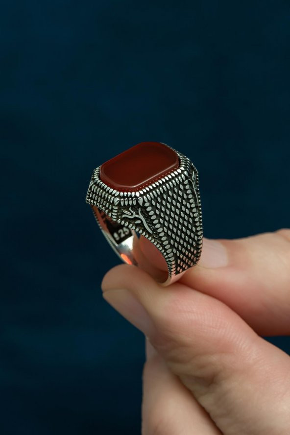 Akik Taşlı Hasır Model 925 Gümüş Erkek Yüzük - Resim 8