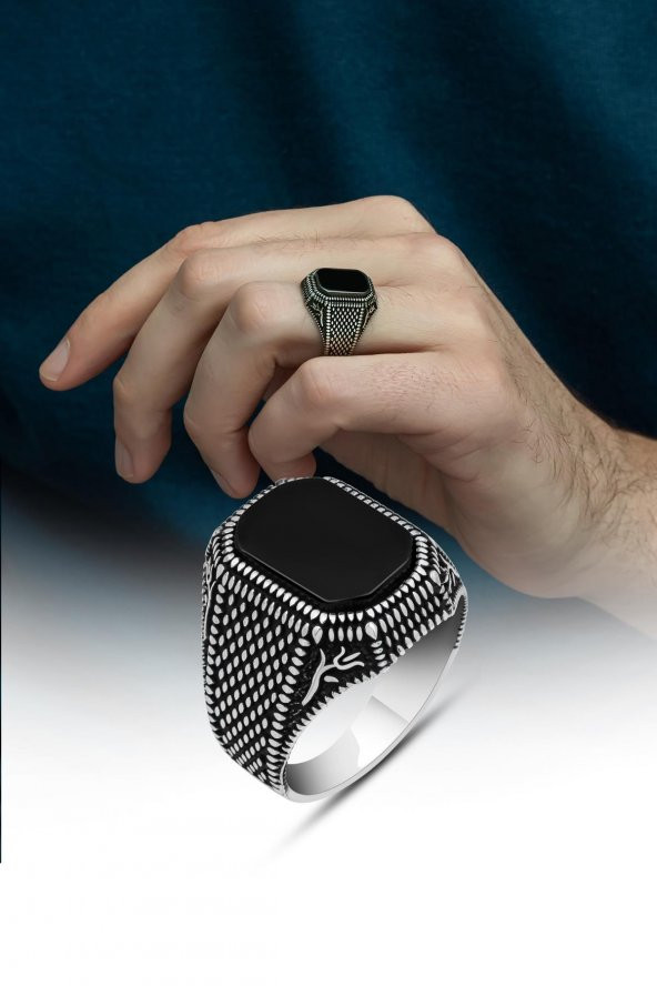 Siyah Oniks Taşlı Hasır Model 925 Gümüş Erkek Yüzük - Resim 3