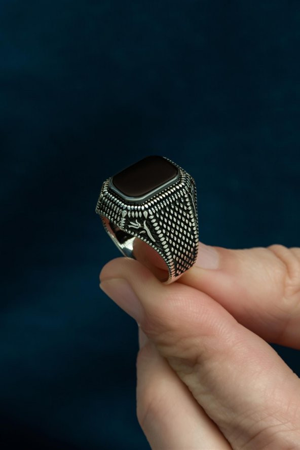 Siyah Oniks Taşlı Hasır Model 925 Gümüş Erkek Yüzük - Resim 4