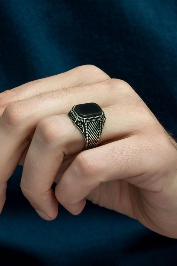 Siyah Oniks Taşlı Hasır Model 925 Gümüş Erkek Yüzük - Resim 6