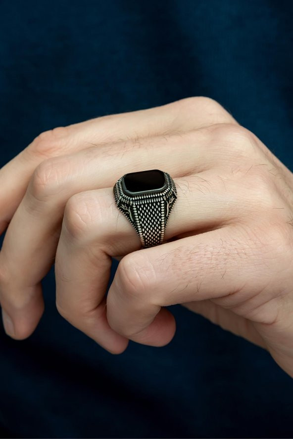 Siyah Oniks Taşlı Hasır Model 925 Gümüş Erkek Yüzük - Resim 7