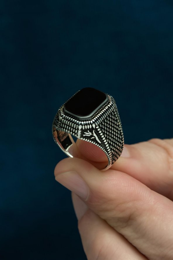 Siyah Oniks Taşlı Hasır Model 925 Gümüş Erkek Yüzük - Resim 8