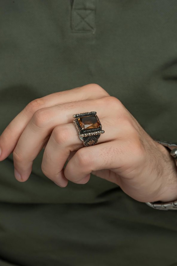 Kare Zultanit Taşlı 925 Gümüş Erkek Yüzük - 4