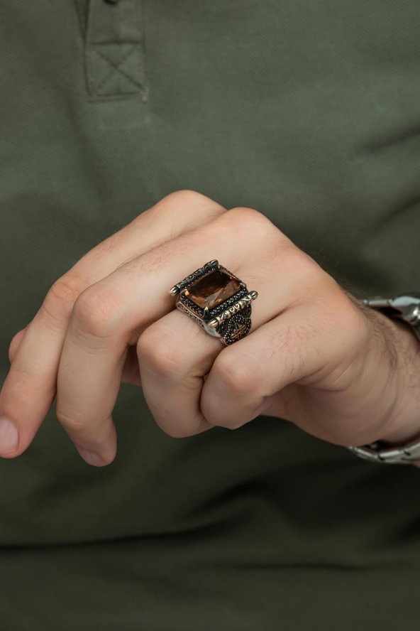 Kare Zultanit Taşlı 925 Gümüş Erkek Yüzük - 5