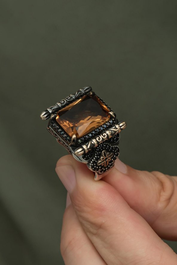 Kare Zultanit Taşlı 925 Gümüş Erkek Yüzük - 6