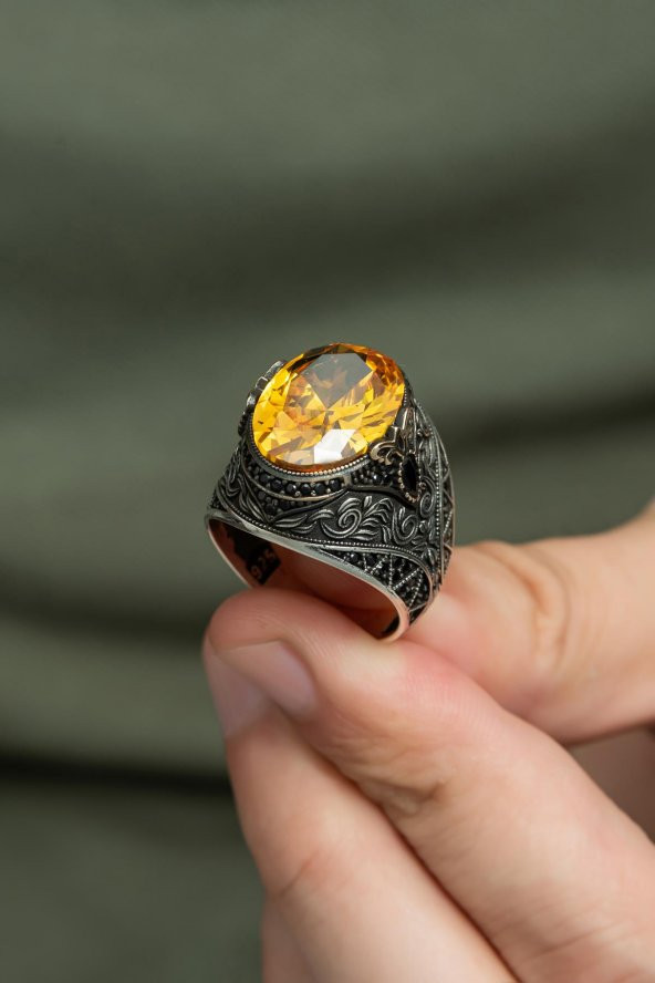 Oval Sitrin Taşlı 925 Gümüş Erkek Yüzük - 6