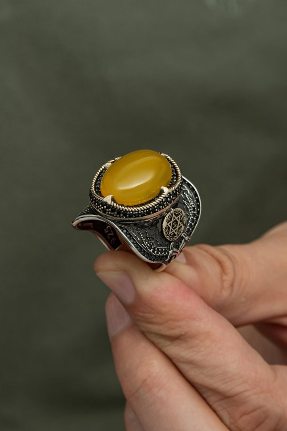 Sarı Akik Taşlı Mührü Süleyman Motifli 925 Gümüş Erkek Yüzük - Resim 3