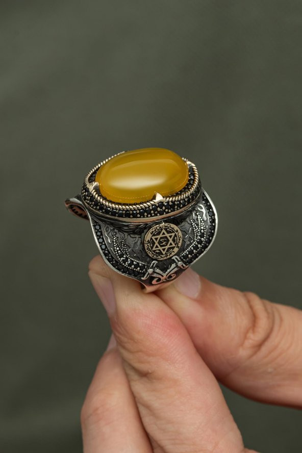 Sarı Akik Taşlı Mührü Süleyman Motifli 925 Gümüş Erkek Yüzük - Resim 4