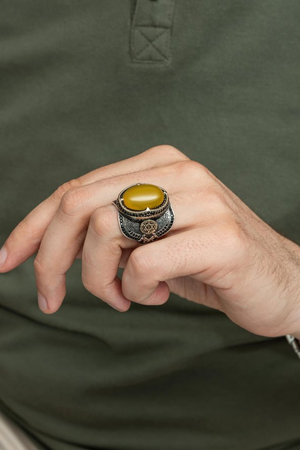 Sarı Akik Taşlı Mührü Süleyman Motifli 925 Gümüş Erkek Yüzük - Resim 5