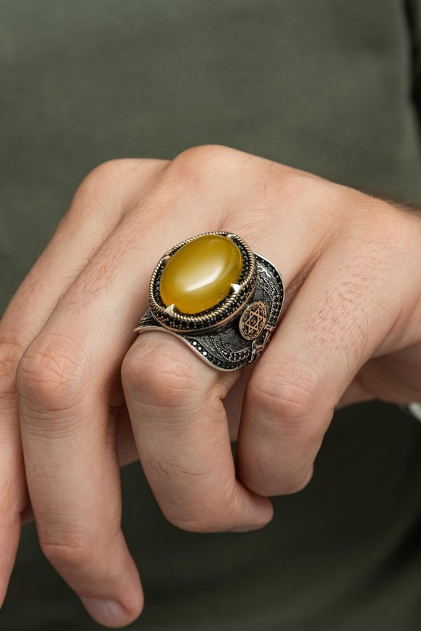 Sarı Akik Taşlı Mührü Süleyman Motifli 925 Gümüş Erkek Yüzük - Resim 6