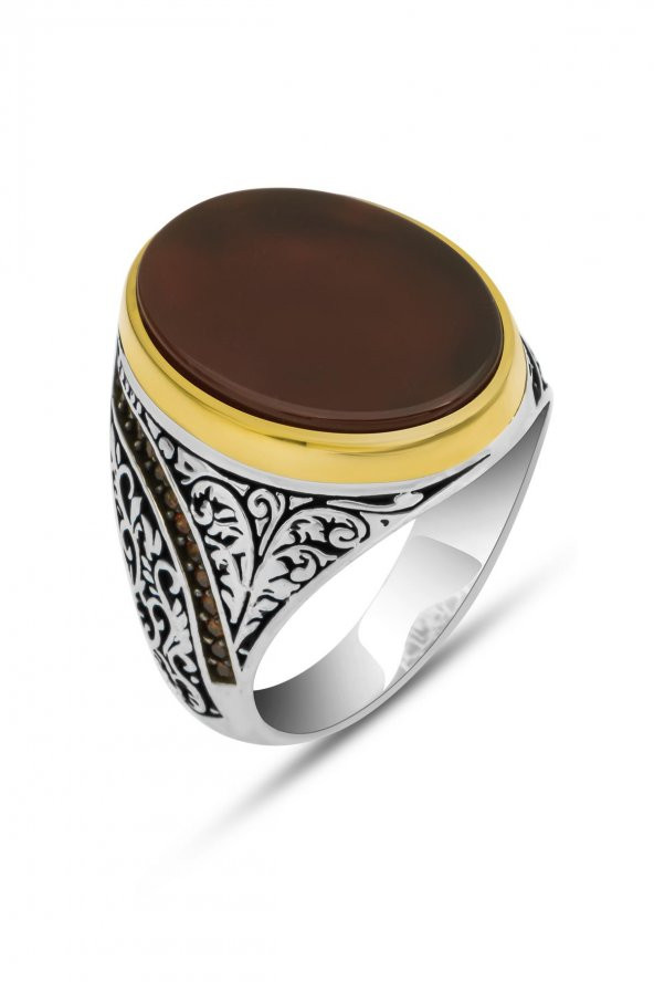 Oval Akik Taşlı 925 Gümüş Erkek Yüzük - 2