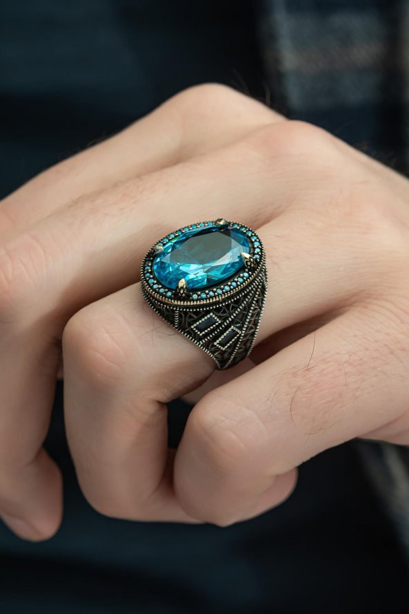 Oval Aqua Mavi Taşlı 925 Gümüş Erkek Yüzük - 1