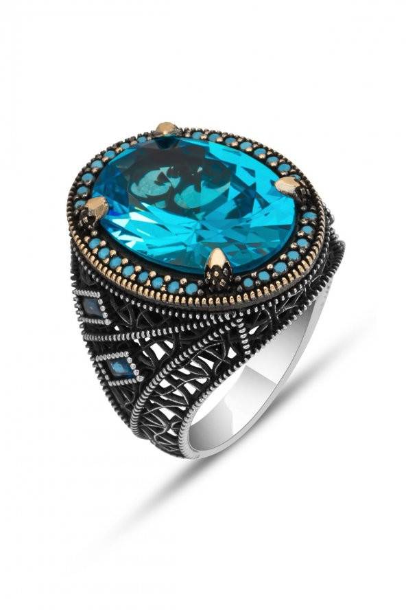Oval Aqua Mavi Taşlı 925 Gümüş Erkek Yüzük - 2