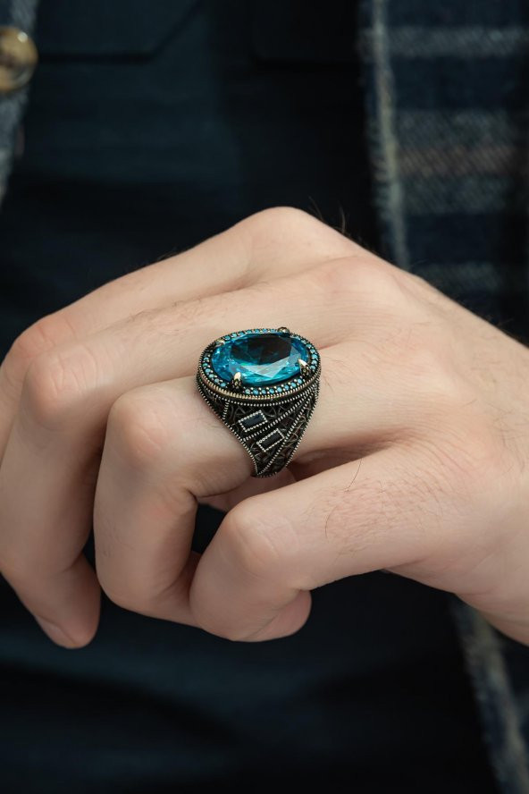 Oval Aqua Mavi Taşlı 925 Gümüş Erkek Yüzük - 5