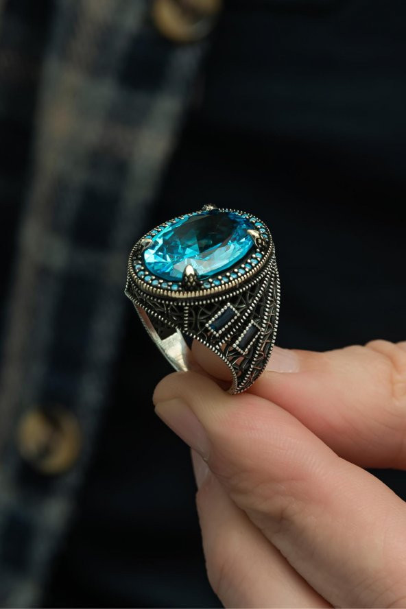 Oval Aqua Mavi Taşlı 925 Gümüş Erkek Yüzük - 6