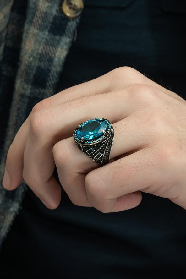 Oval Aqua Mavi Taşlı 925 Gümüş Erkek Yüzük - 7