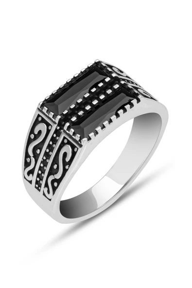 2 Sıra Siyah Baget Taşlı 925 Gümüş Erkek Yüzük - Resim 2