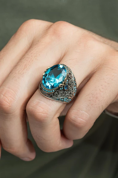 Oval Aqua Mavi Taşlı 925 Gümüş Erkek Yüzük ürün görseli