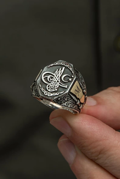 Tuğra Desenli Taşsız Harfli Çizgili 925 Gümüş Erkek Yüzük - Resim 7