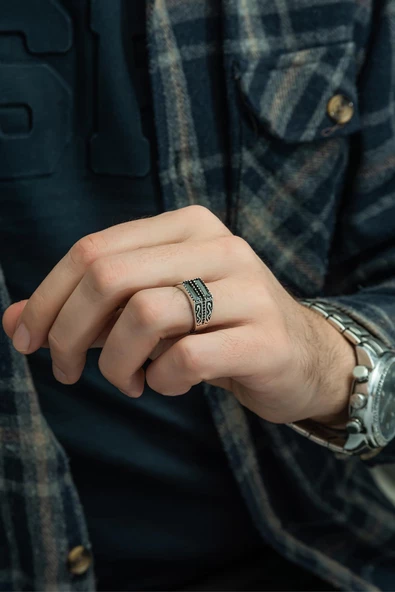 2 Sıra Siyah Baget Taşlı 925 Gümüş Erkek Yüzük - Resim 4