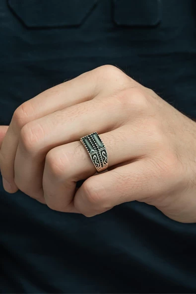 2 Sıra Siyah Baget Taşlı 925 Gümüş Erkek Yüzük - Resim 3