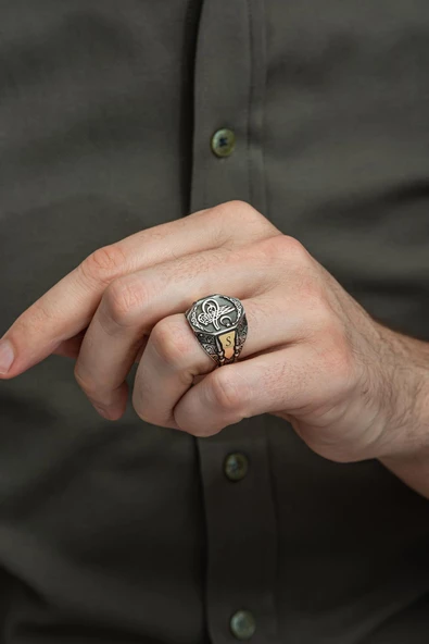 Tuğra Desenli Taşsız Harfli Çizgili 925 Gümüş Erkek Yüzük - Resim 5