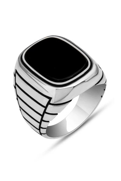 Siyah Oniks Taşlı Çizgili 925 Gümüş Erkek Yüzük - Resim 2