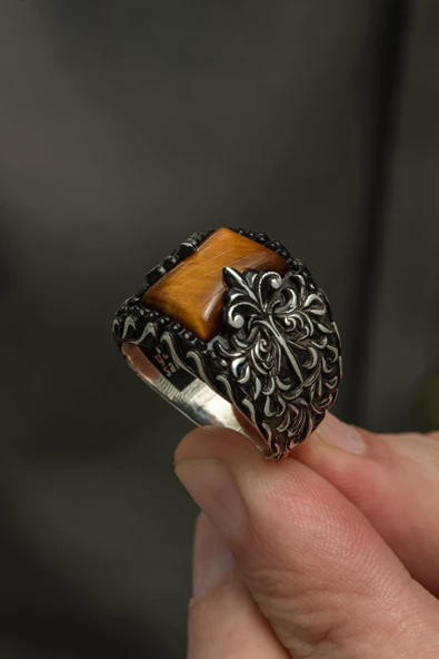 Kaplan Gözü Taşlı Oyma Desenli 925 Gümüş Erkek Yüzük - Resim 7