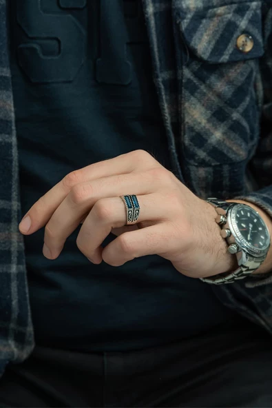 2 Sıra Parlament Baget Taşlı 925 Gümüş Erkek Yüzük - Resim 4