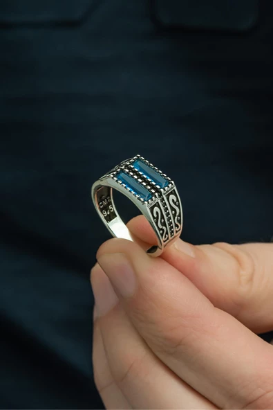 2 Sıra Parlament Baget Taşlı 925 Gümüş Erkek Yüzük - Resim 7