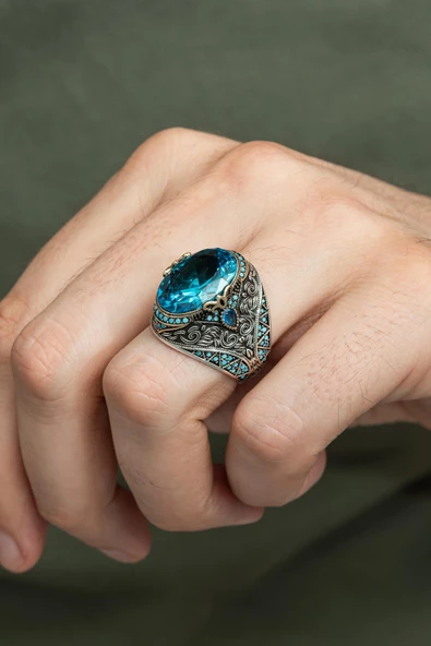 Oval Aqua Mavi Taşlı 925 Gümüş Erkek Yüzük - Resim 7