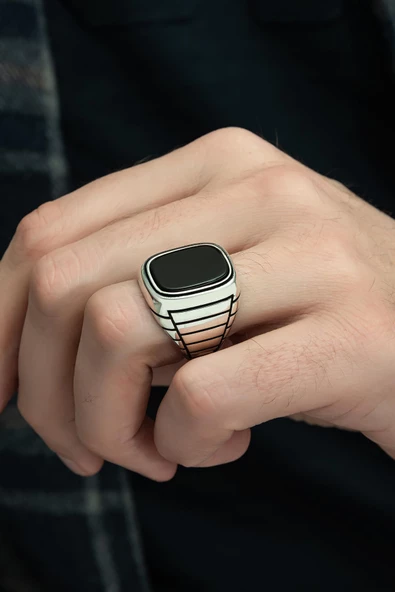 Siyah Oniks Taşlı Çizgili 925 Gümüş Erkek Yüzük - Resim 6