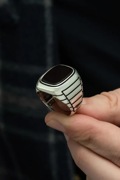 Siyah Oniks Taşlı Çizgili 925 Gümüş Erkek Yüzük - Resim 4