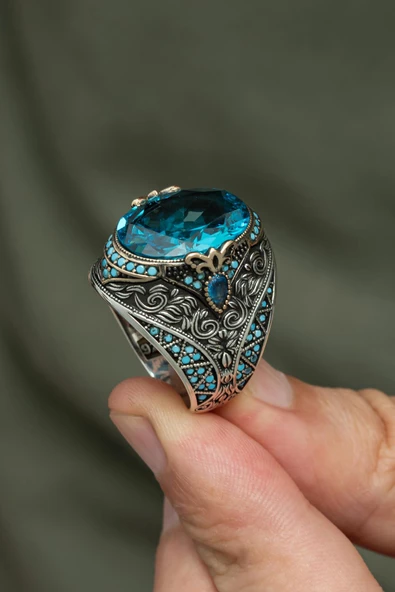 Oval Aqua Mavi Taşlı 925 Gümüş Erkek Yüzük - Resim 9