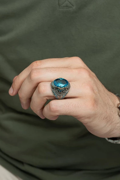 Oval Aqua Mavi Taşlı 925 Gümüş Erkek Yüzük - Resim 5