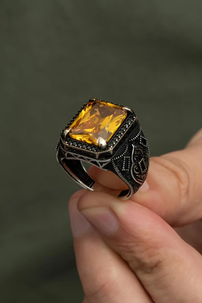 Sitrin Taşlı Dikdörgen 925 Gümüş Erkek Yüzük - Resim 6