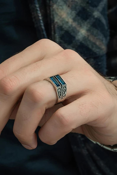 2 Sıra Parlament Baget Taşlı 925 Gümüş Erkek Yüzük - Resim 6