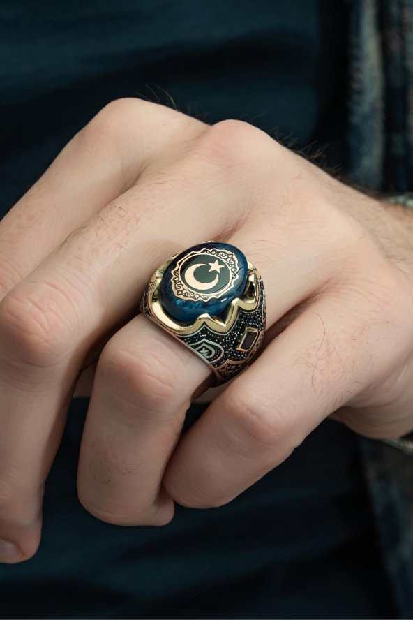 Mavi Ayyıldız Desenli Kehribar Taşlı 925 Gümüş Erkek Yüzük - Resim 6