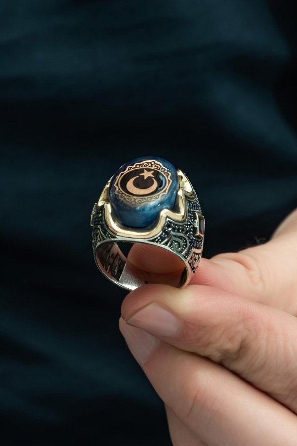 Mavi Ayyıldız Desenli Kehribar Taşlı 925 Gümüş Erkek Yüzük - Resim 7