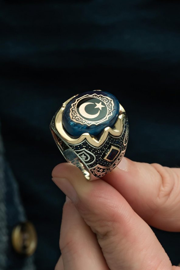 Mavi Ayyıldız Desenli Kehribar Taşlı 925 Gümüş Erkek Yüzük - Resim 8