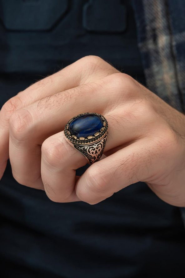 Mavi Kaplan Gözü Taşlı 925 Gümüş Erkek Yüzük ürün görseli