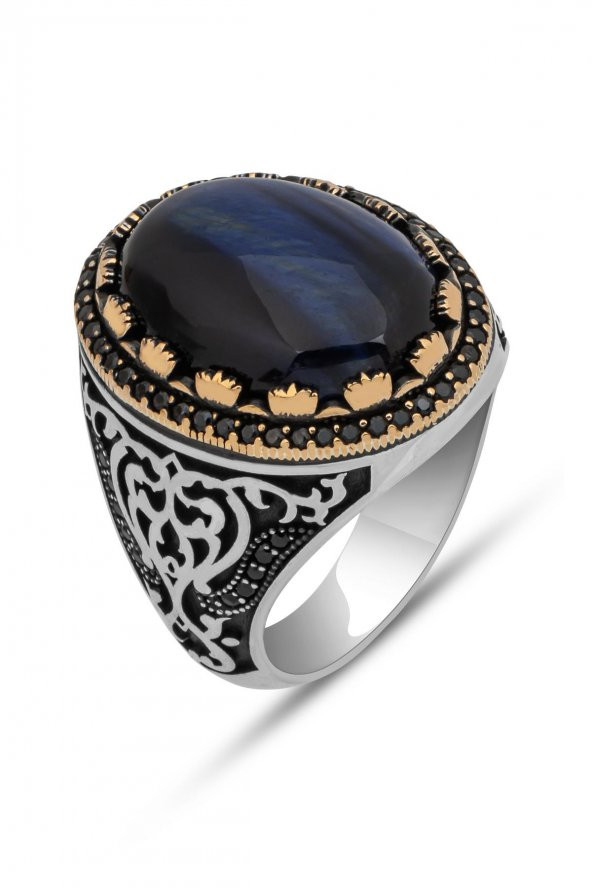Mavi Kaplan Gözü Taşlı 925 Gümüş Erkek Yüzük - Resim 2