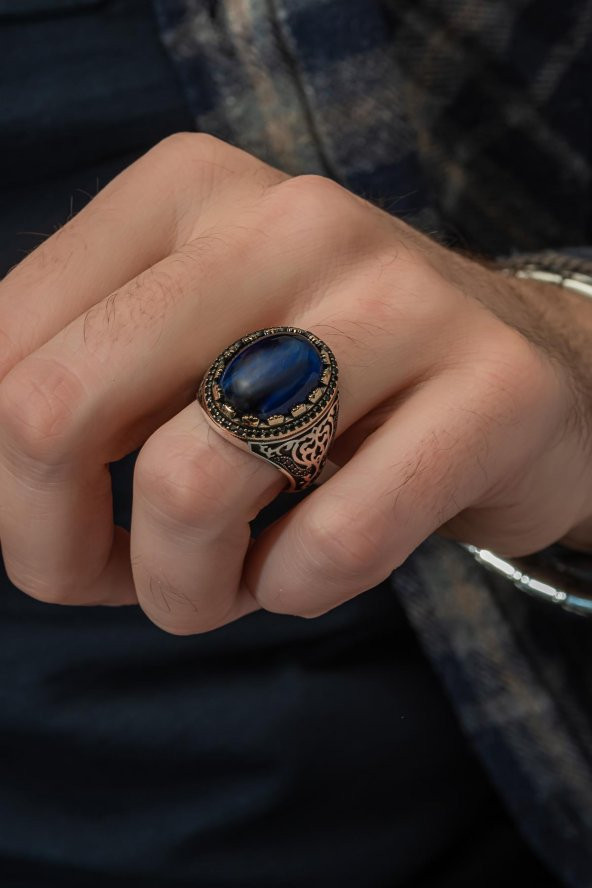 Mavi Kaplan Gözü Taşlı 925 Gümüş Erkek Yüzük - Resim 4