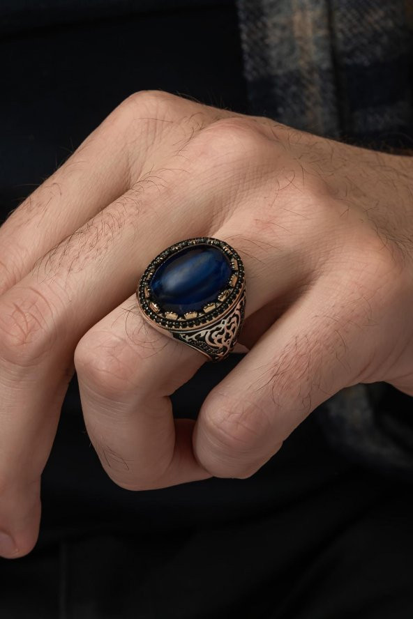 Mavi Kaplan Gözü Taşlı 925 Gümüş Erkek Yüzük - Resim 6