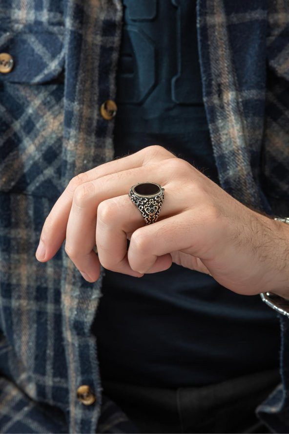 Çift Taraflı Ayyıldız OniksTaşlı 925 Gümüş Erkek Yüzük - Resim 5