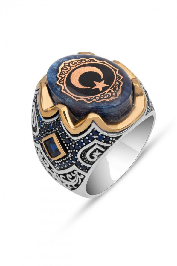 Mavi Ayyıldız Desenli Kehribar Taşlı 925 Gümüş Erkek Yüzük - Resim 2