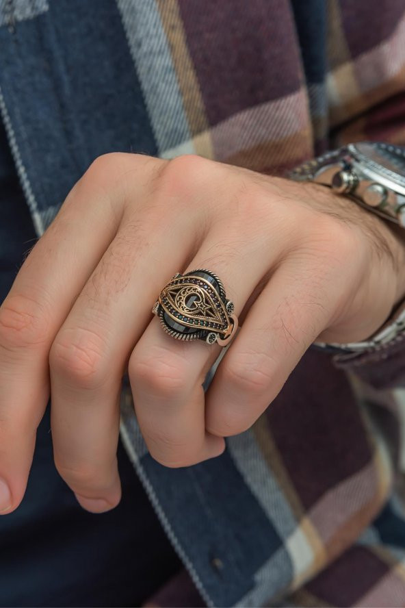 Ayyıldız Kırmızı Taşlı 925 Gümüş Erkek Yüzük - Resim 3