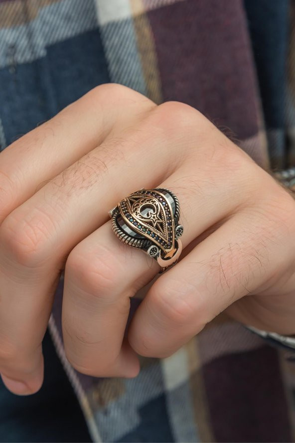 Ayyıldız Kırmızı Taşlı 925 Gümüş Erkek Yüzük - Resim 4