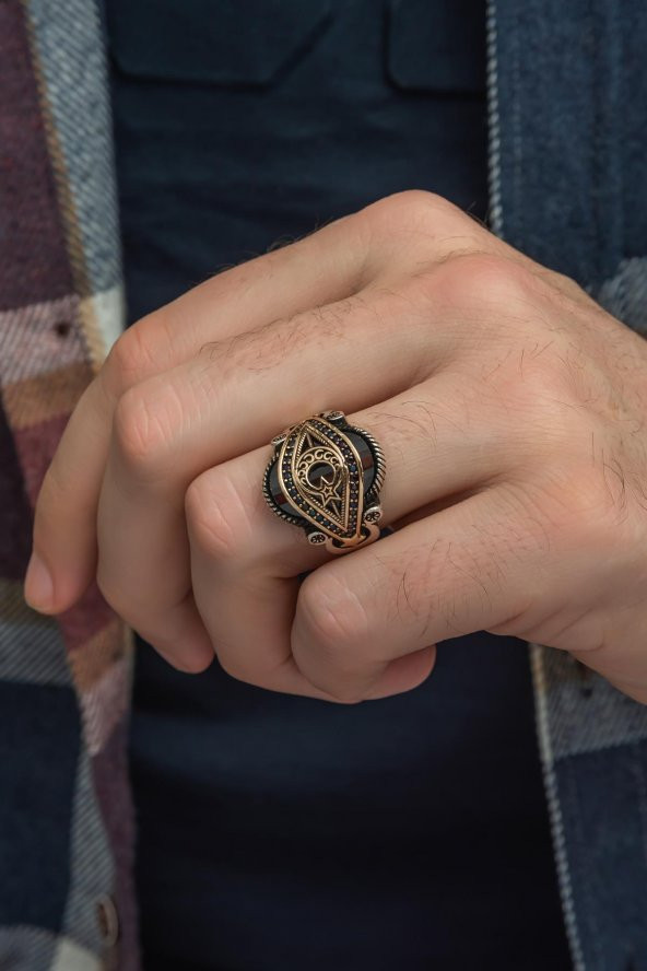 Ayyıldız Kırmızı Taşlı 925 Gümüş Erkek Yüzük - Resim 6